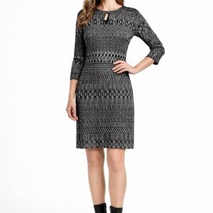 Caché Black Silver Metallic Knit Mini Dress Geo Pattern 3/4 Sleeve Sz 12